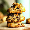 Stack of New York Style Rum Raisin and Nut Cookies on a wooden board