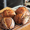 Freshly baked sourdough country loaves on a cooling rack.