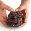 Hands holding a stack of NYC Chocolate Almond Praline cookies against a white background